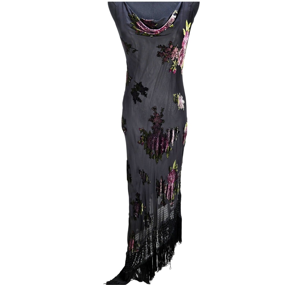 Women's Papell 12 Silk Velvet Burnout Beaded Floral Fringe Maxi Dress Whimsigoth
